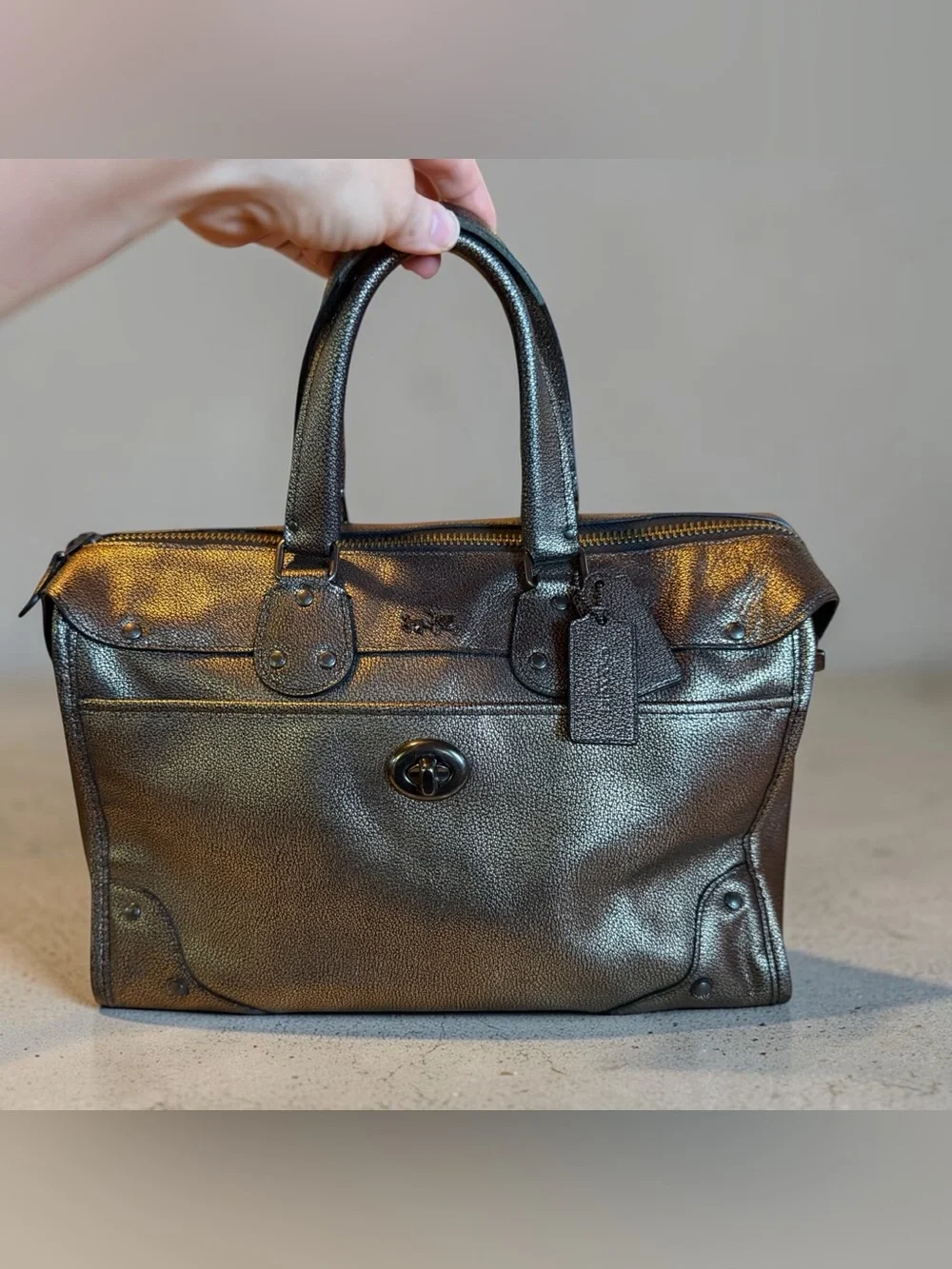 Coach Rhyder Metallic Leather Satchel with Gunmetal-tone Hardware